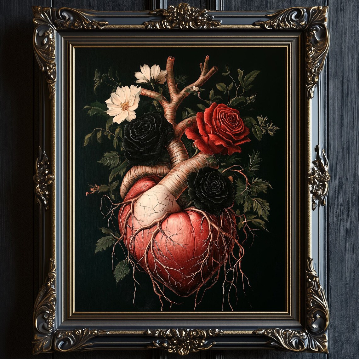 Floral Heart Anatomy, Dark Academia Wall Art Print
