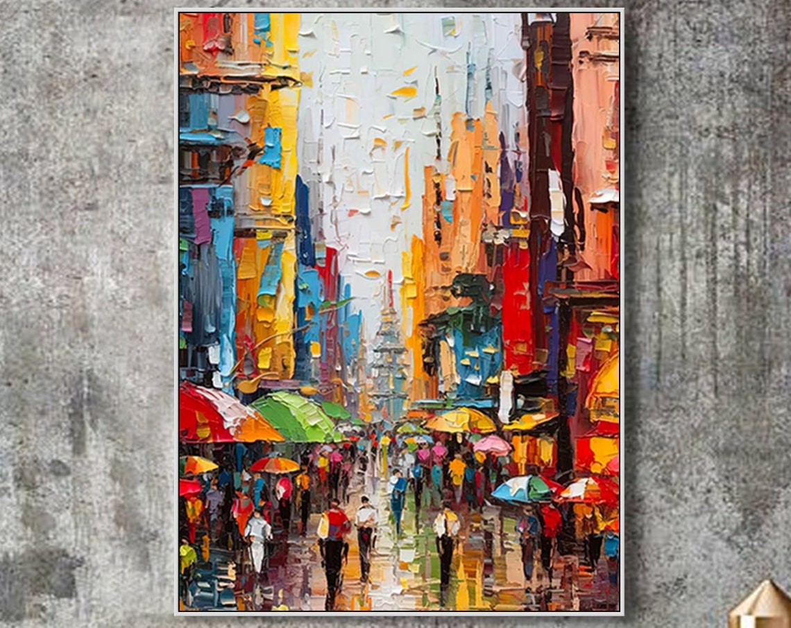 Original Cityscape Oil Painting Textured Art Colorful Skyline Landscape Art Urban Street Scene Painting Modern Living Room Wall Decor