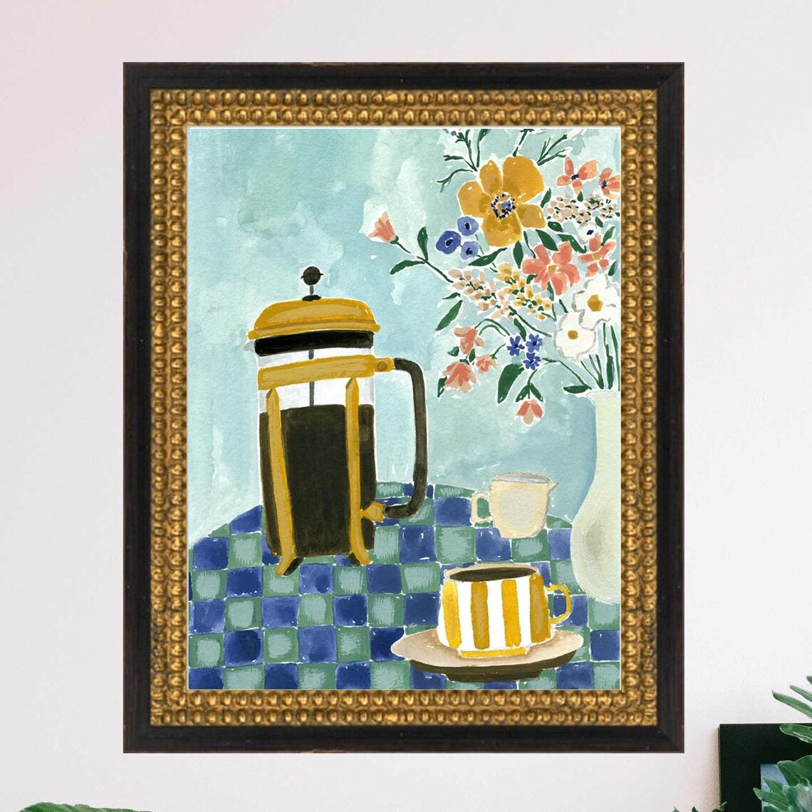 French Press Coffee Pot with Striped Mug Watercolor Kitchen Poster