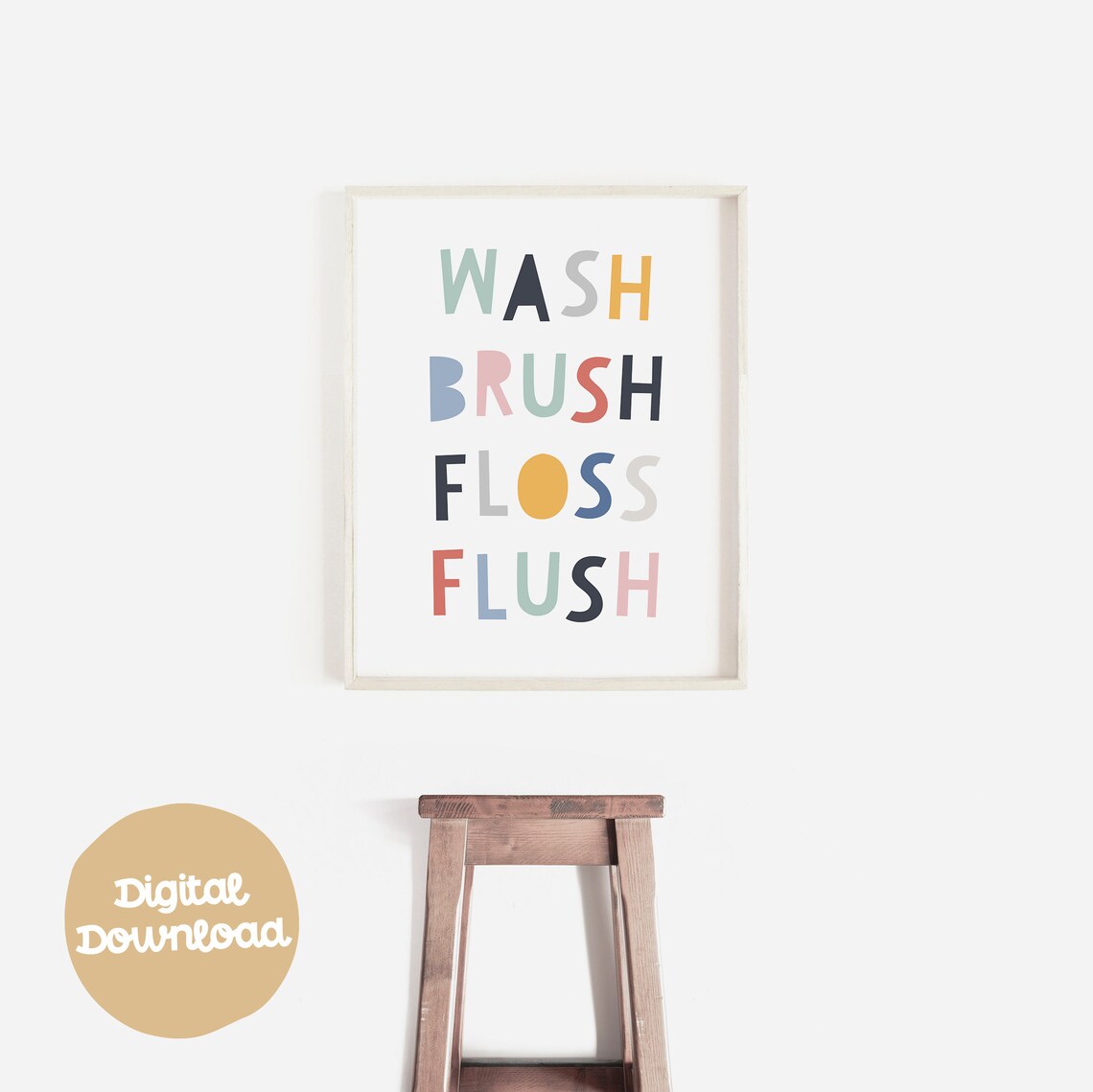 Wash Brush Floss Flush Colorful Bathroom Rules Kids Poster Decor - Image 2
