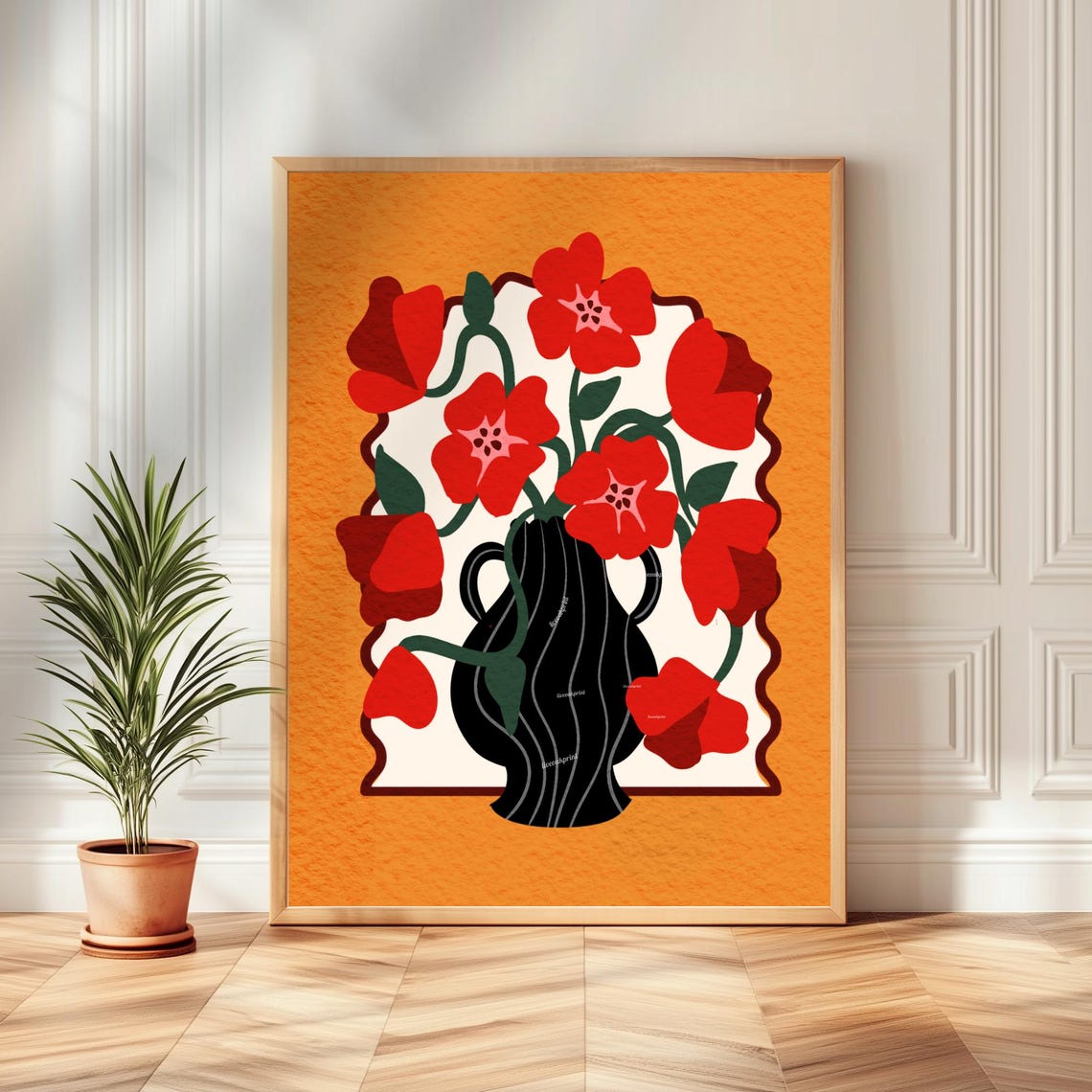 Bold Red Flowers in a Black Vase on Orange Maximalist Poster