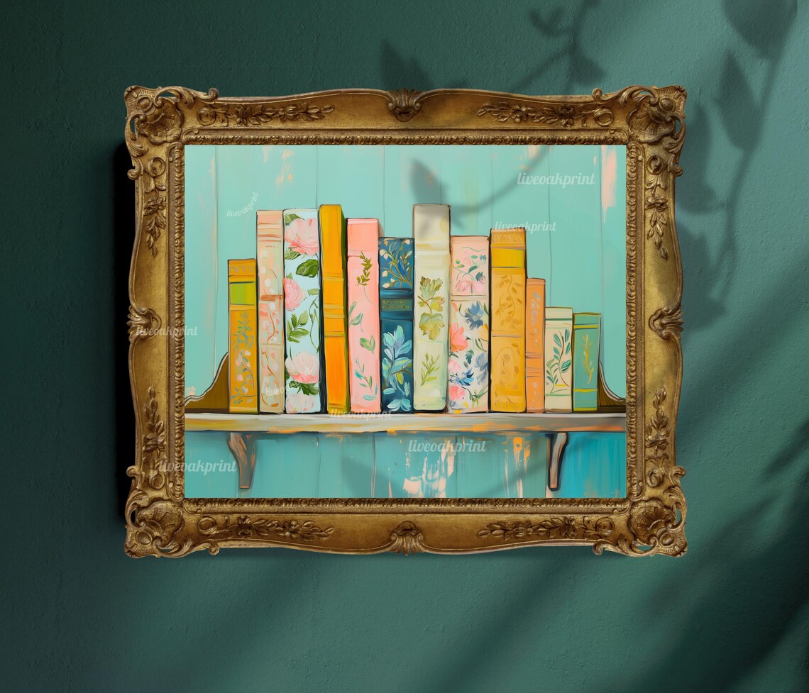 Farmhouse Rustic Bookshelf Print Vintage Bookshelf Wall Art Over Couch Statement Piece Blue Teal Pink Orange Retro Book Lover Decor - Image 3