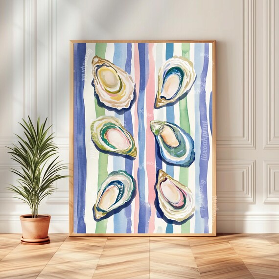 Six Colorful Watercolor Oysters on Pastel Stripes Coastal Poster