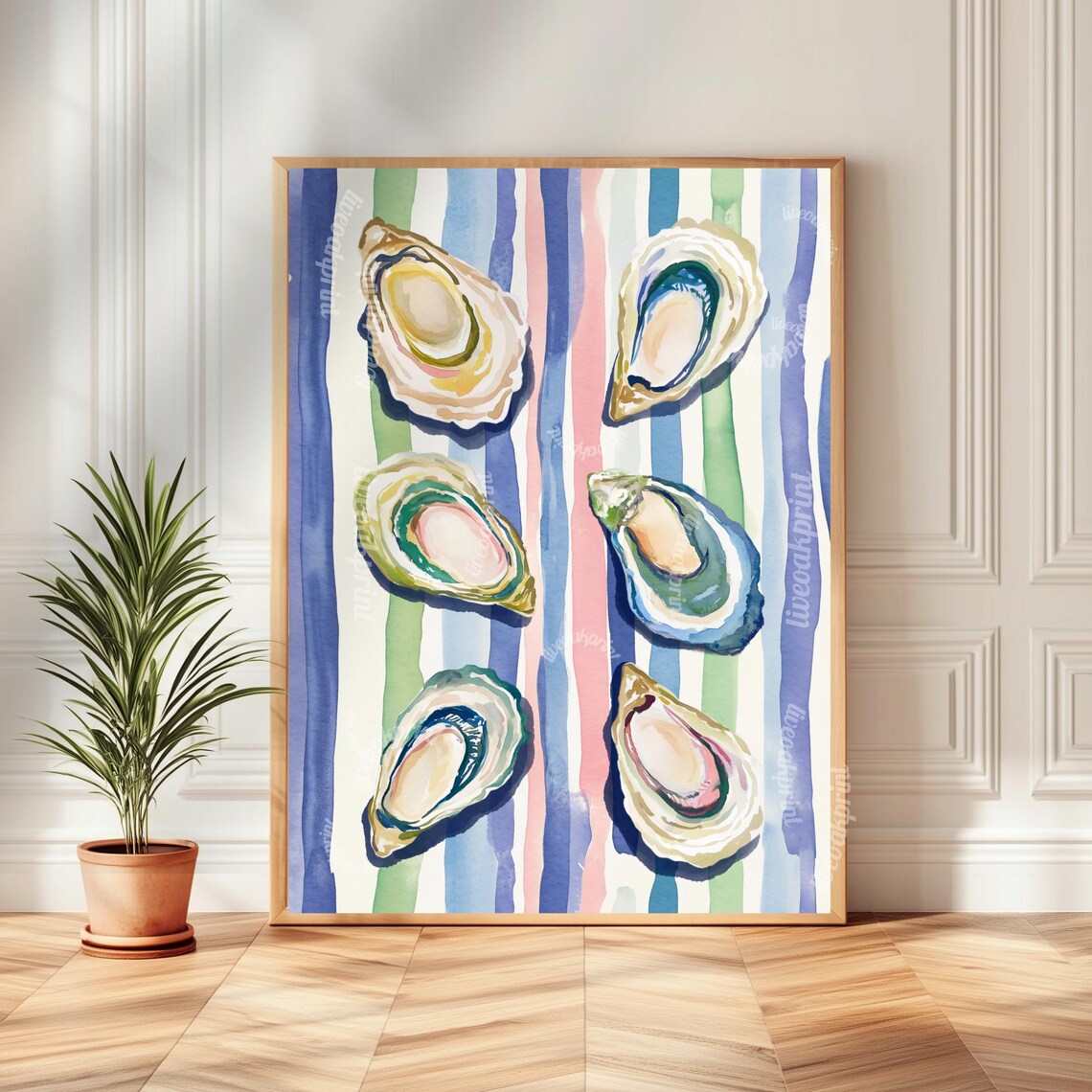 Six Colorful Watercolor Oysters on Pastel Stripes Coastal Poster