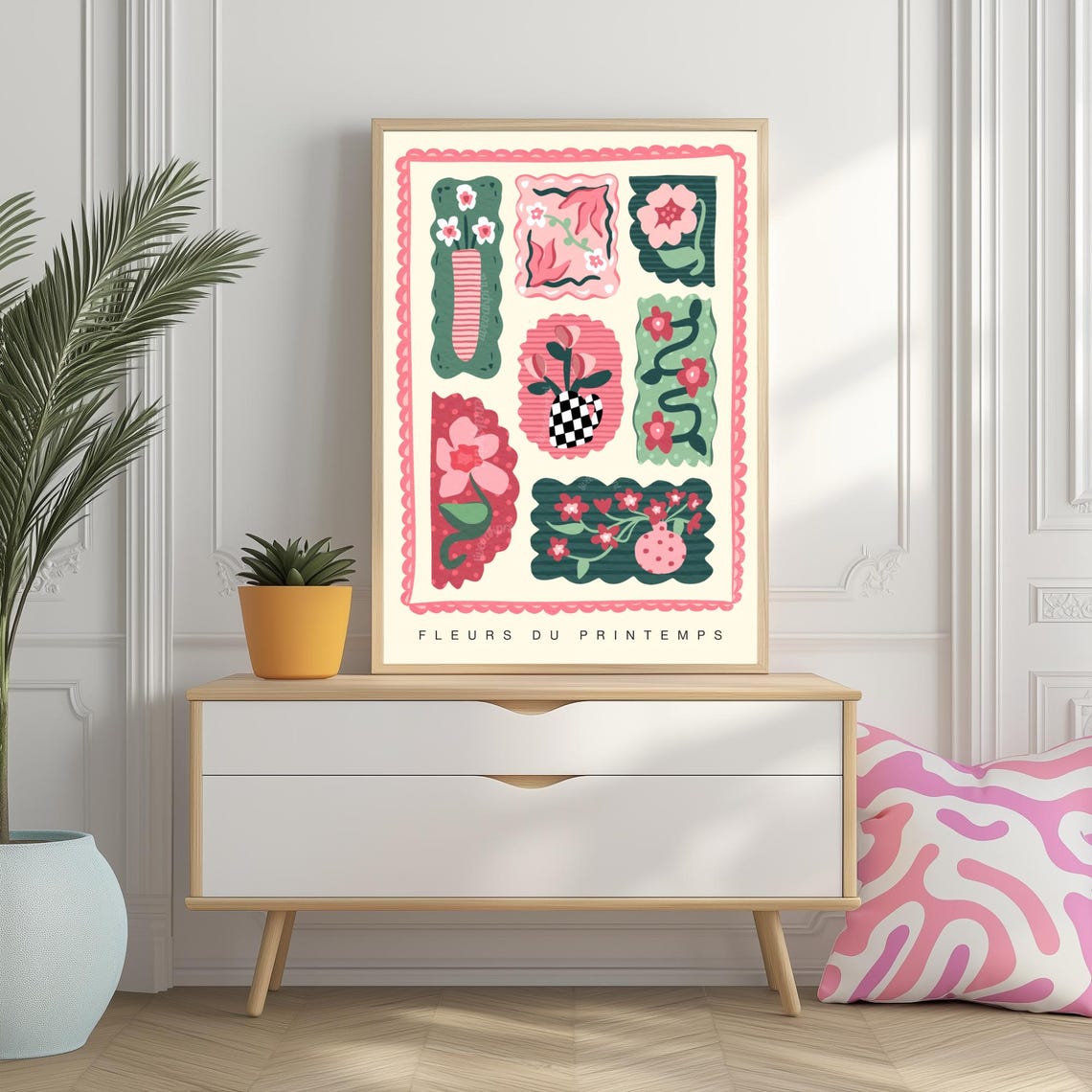 Fleurs Springtime Patchwork Floral Tiles In Pink And Green Poster - Image 2