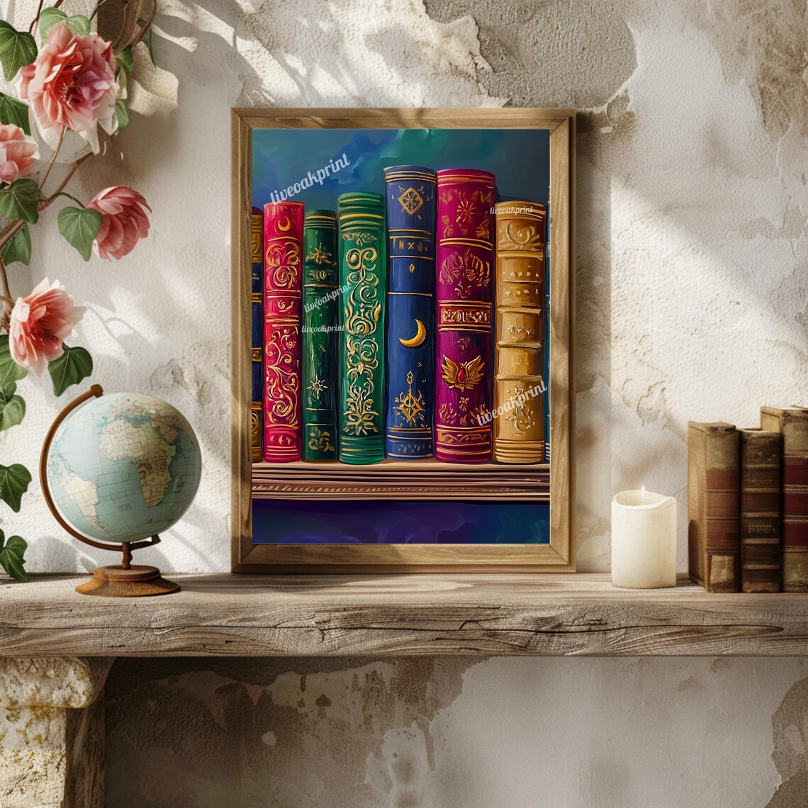 Magical Jewel-Tone Bookshelf with Ornate Spines Dark Academia Print - Image 3