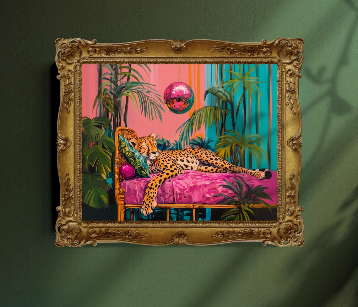 Cheetah Under a Disco Ball, Maximalist Wall Art Print