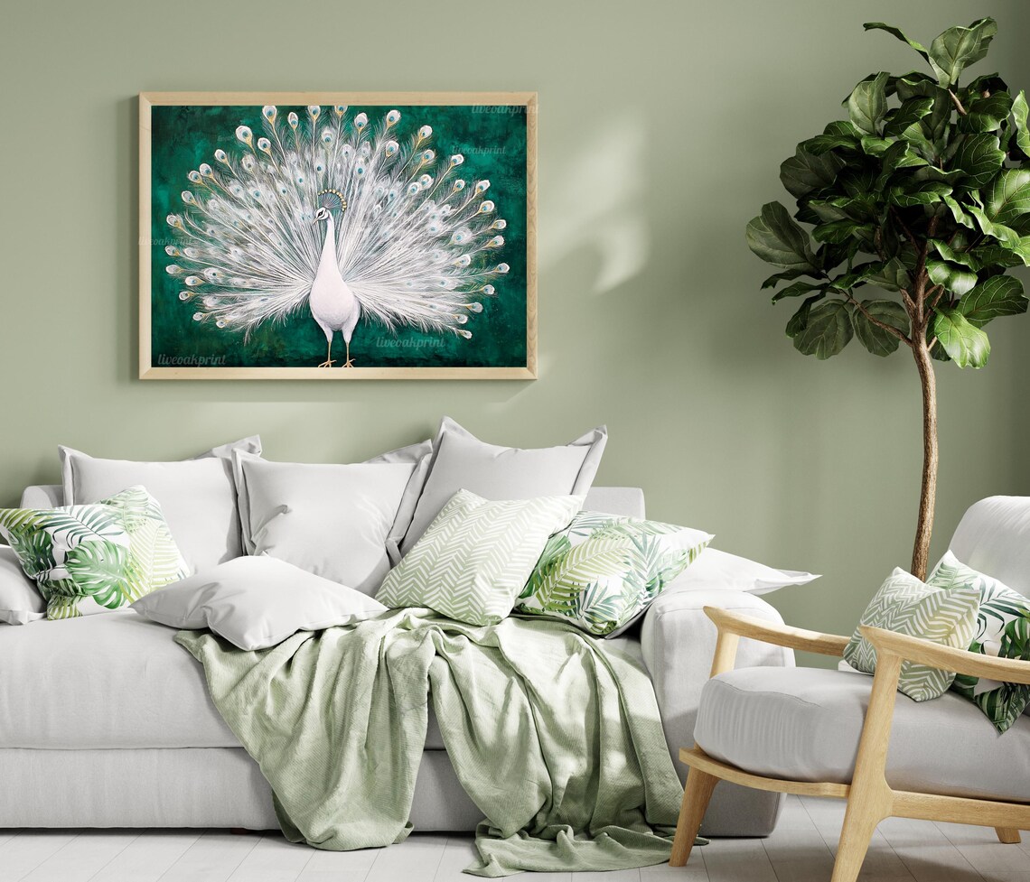 White Peacock, Emerald Green Vintage Art Print - Image 2