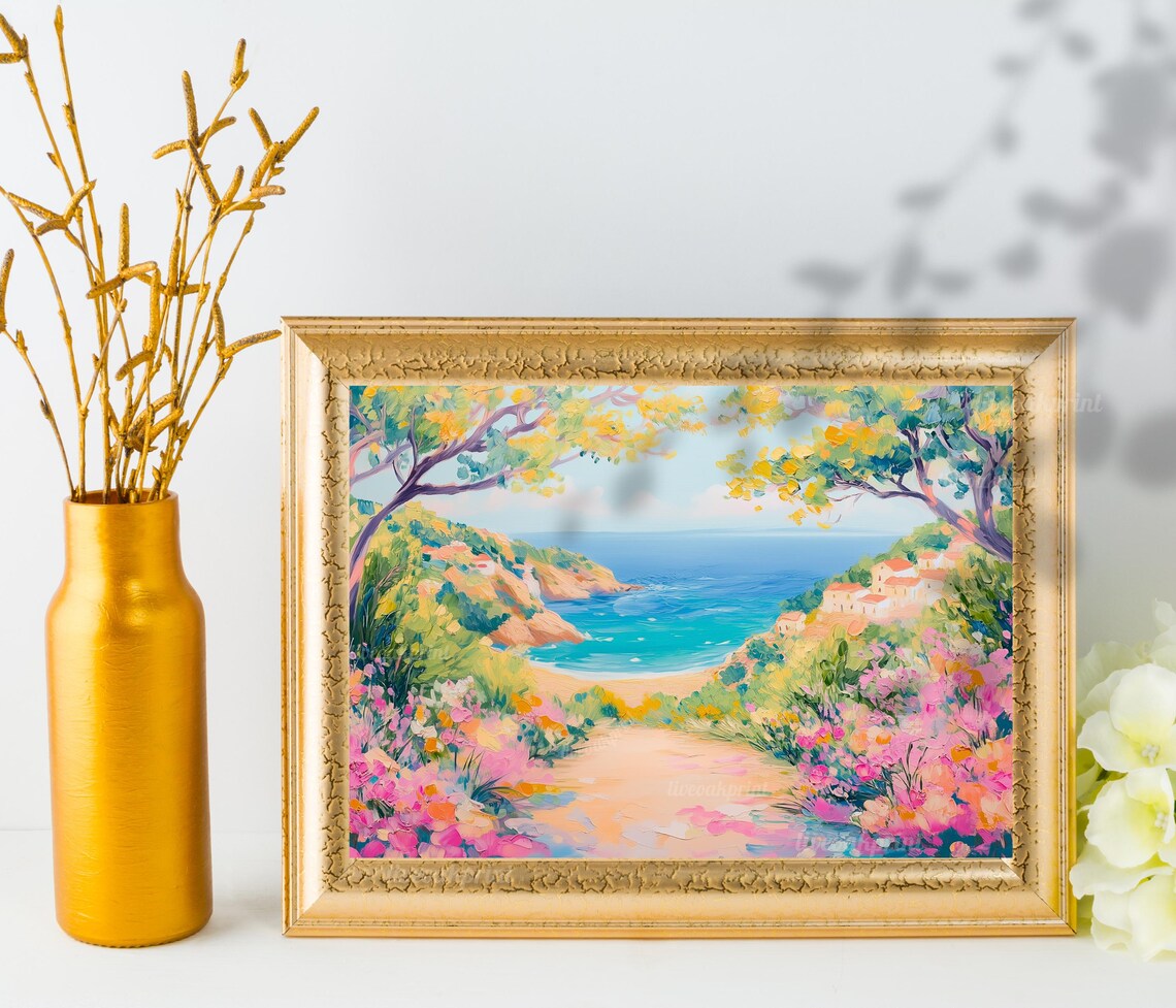 Pastel Mediterranean Cove with Flower Path Coastal Villa Poster - Image 2
