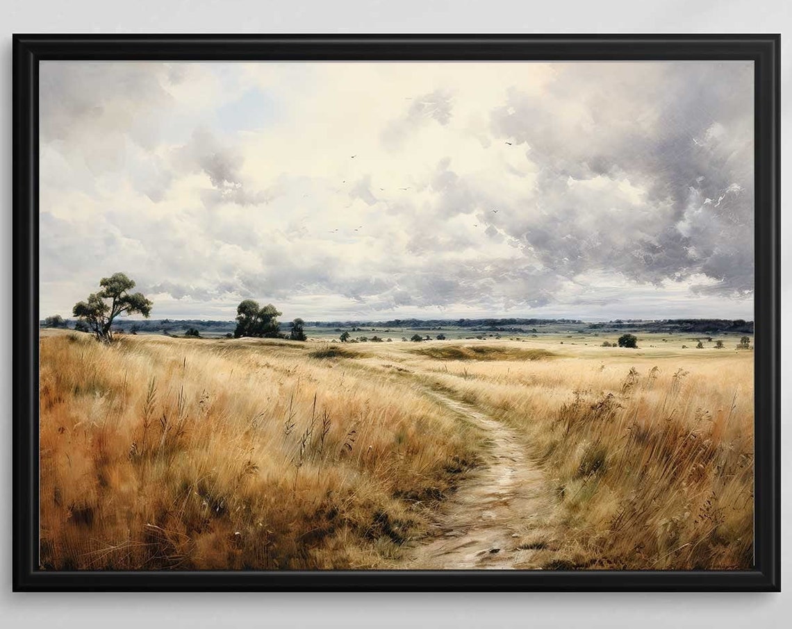 Golden Wheat Field Path Under Dramatic Clouds Vintage Landscape Poster
