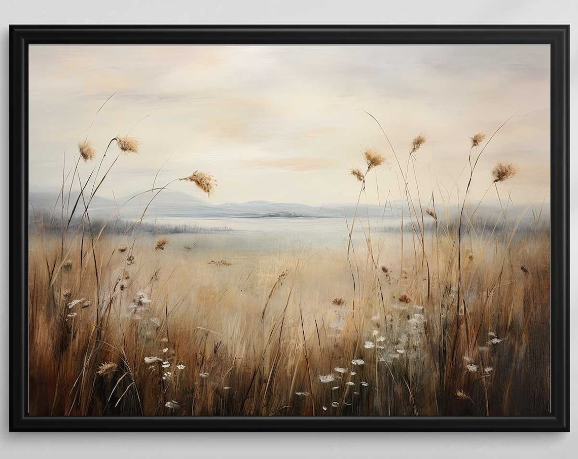 Golden Meadow Wildflowers at Dawn Misty Vintage Landscape Poster