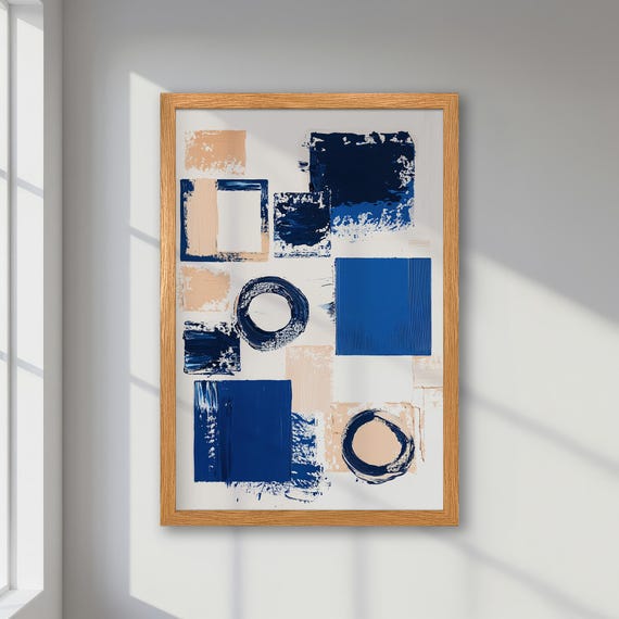 Framed Abstract Poster Geometric Blue And Beige Pastel Print With Neutral Tones Contemporary Office Wall Art Modern And Trendy Decor
