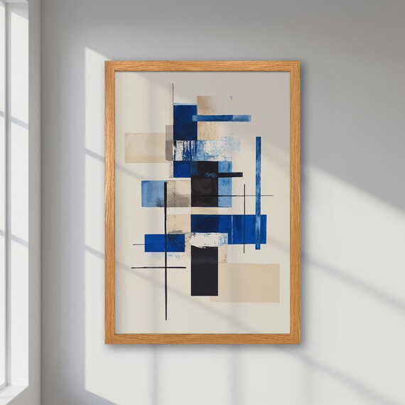 Framed Abstract Poster Modern Minimalism With Blue Beige Black Art Minimalist Geometric Shapes Print Contemporary Luxury Office Decor