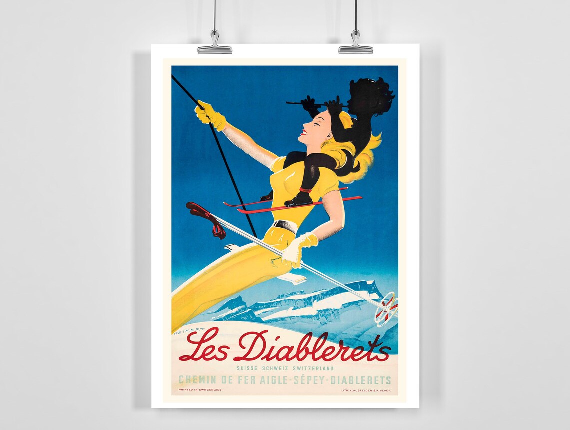 Les Diablerets Switzerland Vintage Ski Travel Poster