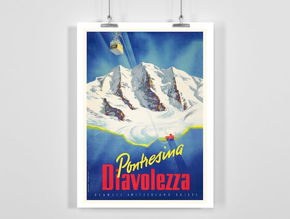 Pontresina Diavolezza Switzerland Vintage Ski Poster