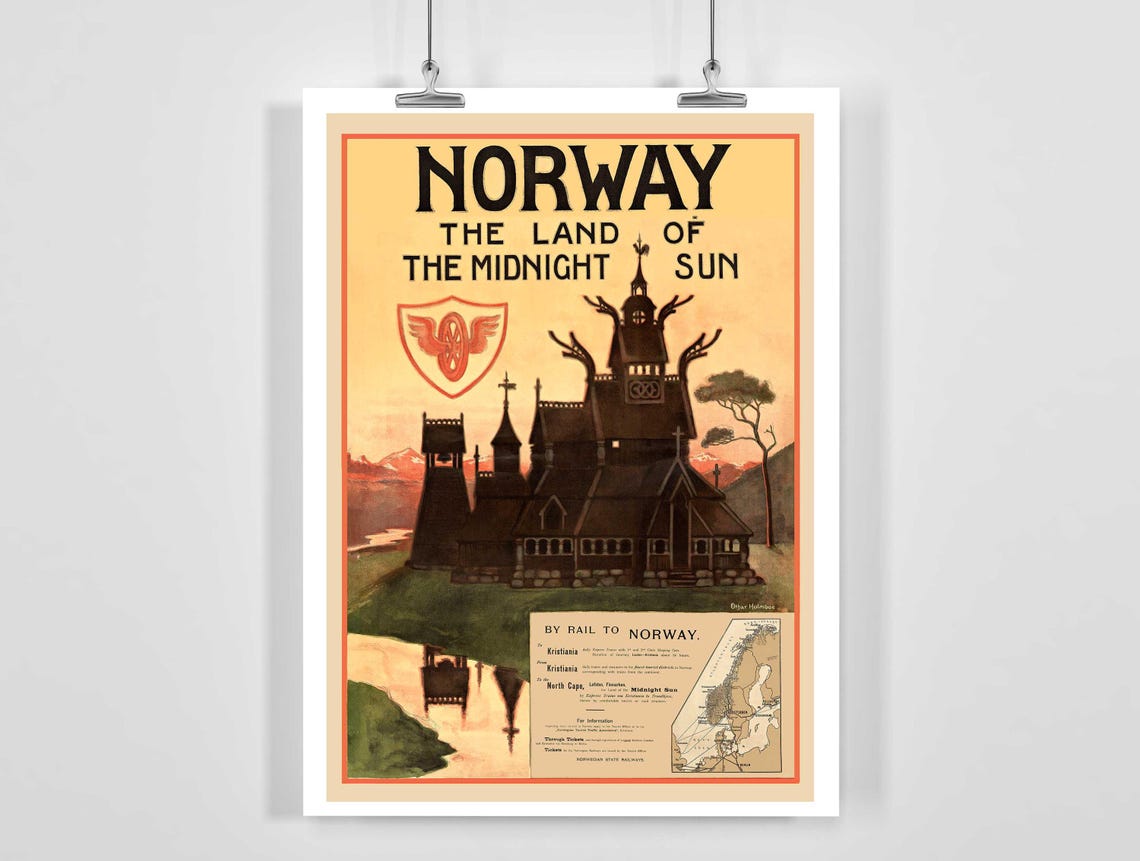 Norway The Land Of The Midnight Sun Vintage Railway Travel Poster