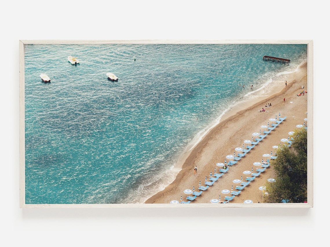 Aerial Beach View Turquoise Waves And White Umbrellas Art Poster