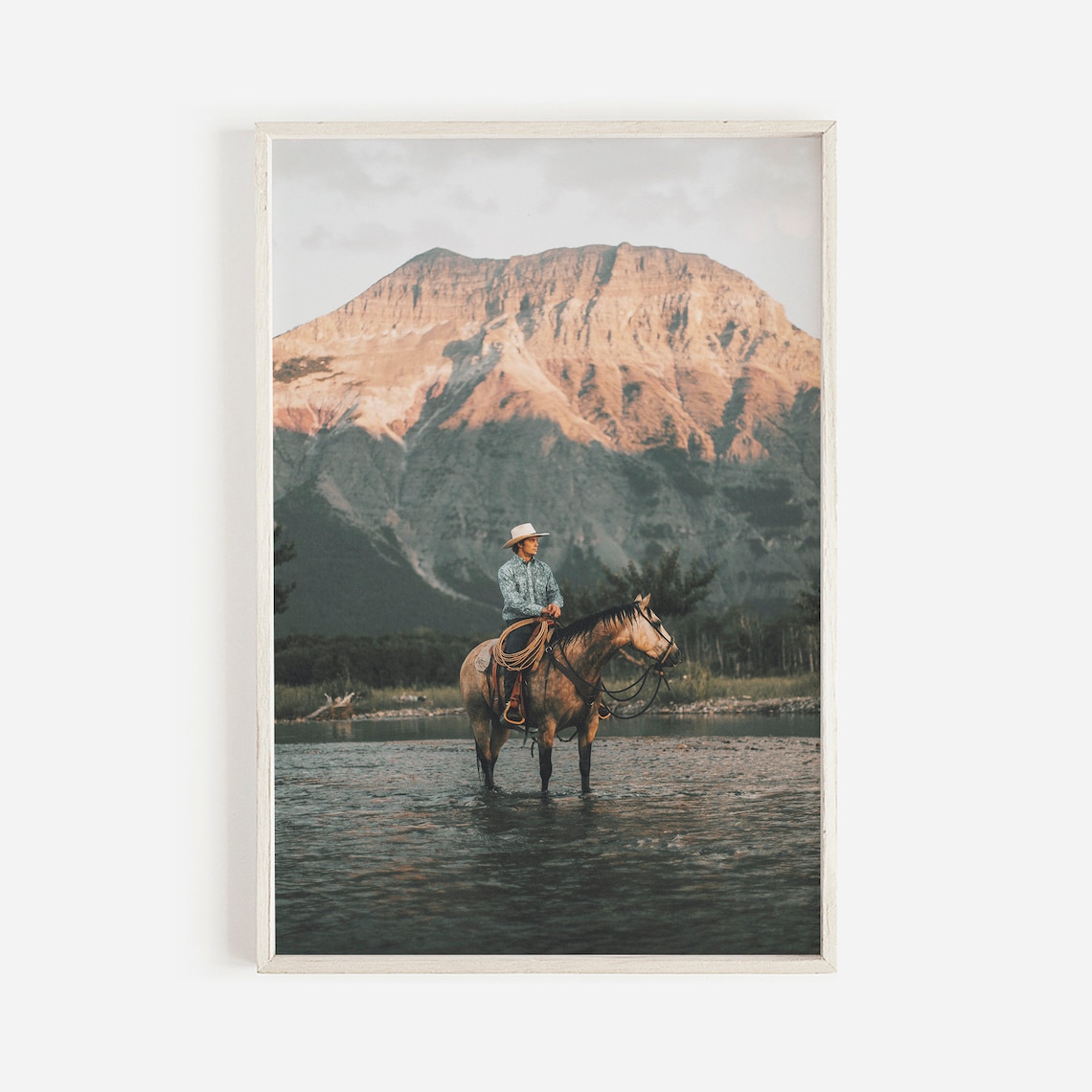 Cowboy In River Western Scenery Art Print