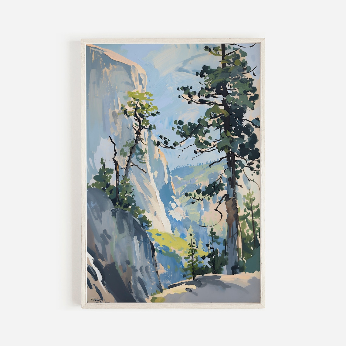 Yosemite Half Dome Granite Cliff With Pines Painting Scenic Landscape Print