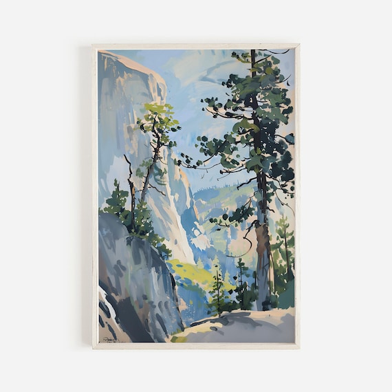Yosemite Half Dome Granite Cliff With Pines Painting Scenic Landscape Print