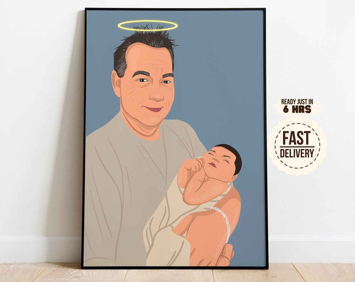 Custom Memorial Portrait Man Halo Holding Baby Art Tribute Print