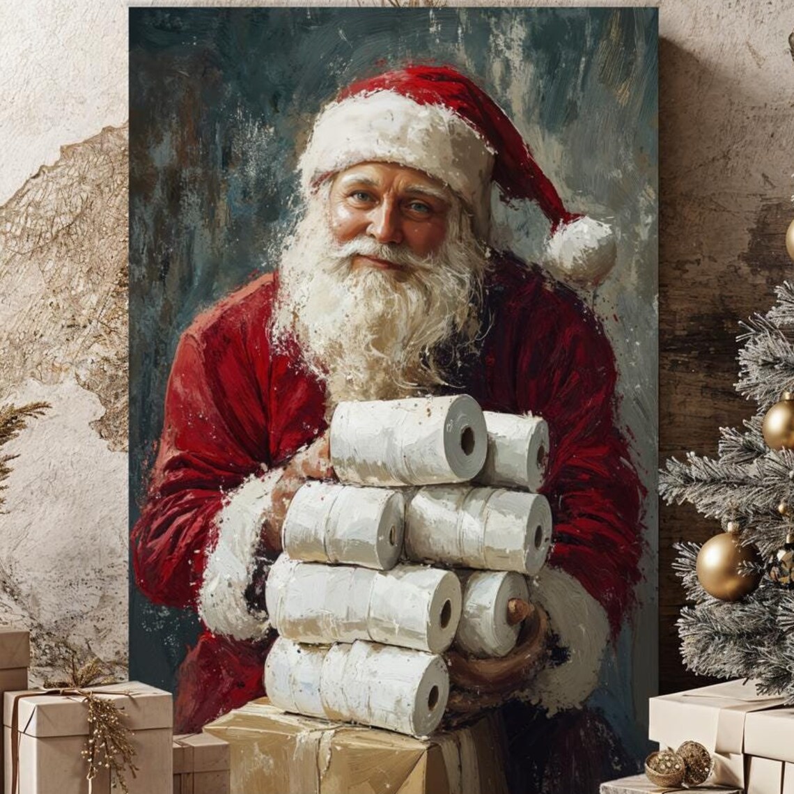Santa Claus With Toilet Paper Funny Quirky Christmas Art Poster