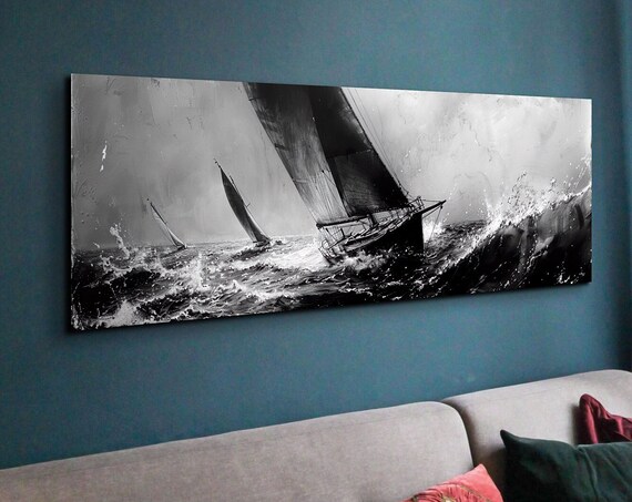 Sailboats Racing Stormy Sea Black White Dramatic Marine Panoramic Wall Art