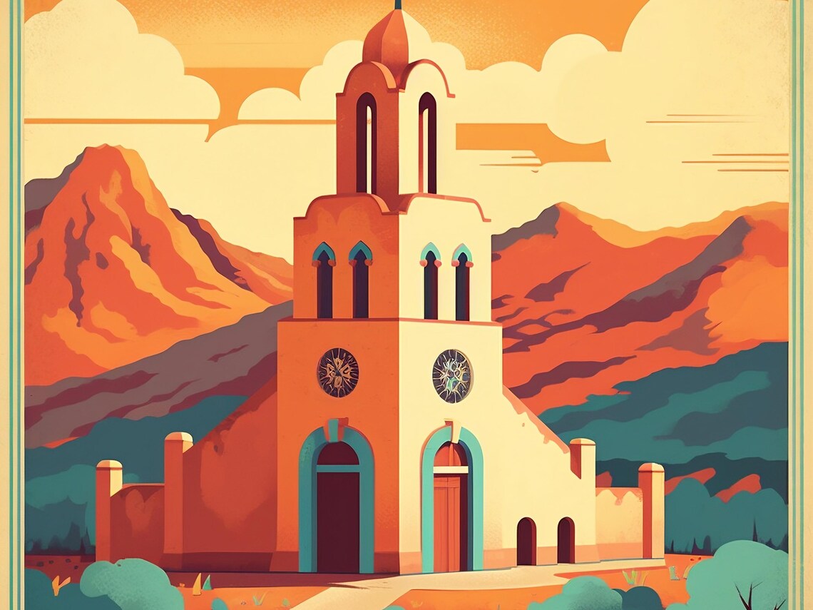 New Mexico Desert Mission Church Sunset Vintage Travel Poster - Image 3