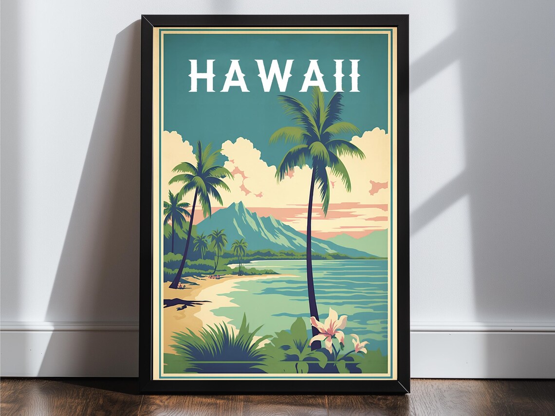 Hawaii Palm Beach Mountain Hibiscus Vintage Travel Poster Art