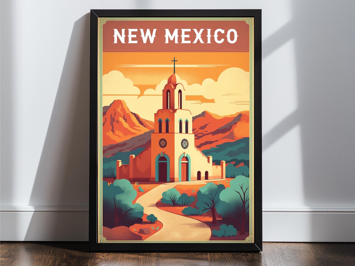 New Mexico Desert Mission Church Sunset Vintage Travel Poster