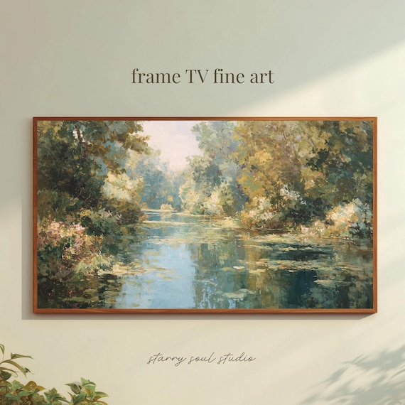 Peaceful Autumn Lake Frame Tv Art Classic Oil Painting Wallpaper Soft Sage Green Golden Forest Screensaver Fa002