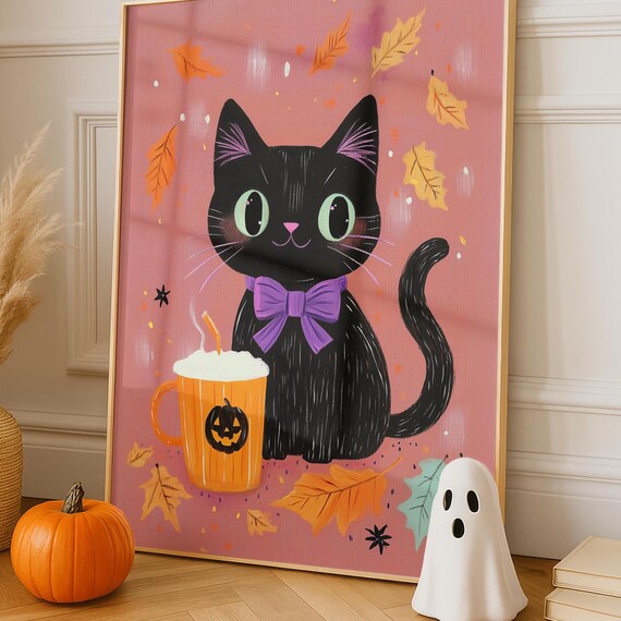 Black Cat With Pumpkin Latte Autumn Kitty Wall Print Cozy Fall Pet Decor October Orange Purple Painting