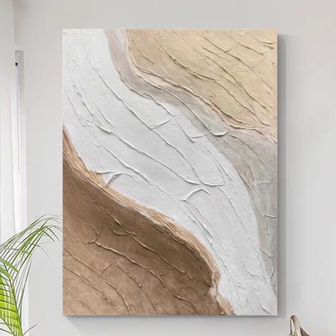 Sweeping Beige White and Taupe Curved Bands Textured Abstract Poster