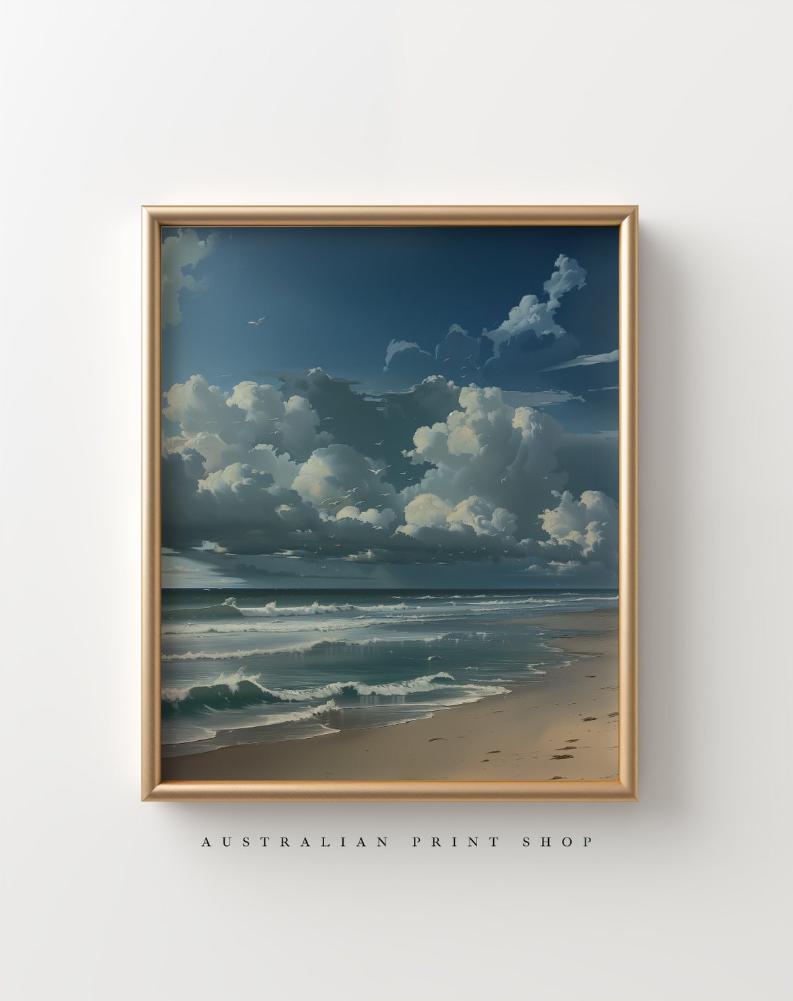 Cloudy Shoreline Tranquil Coastal Oil Painting Neutral Seascape Print Deep Blue Ocean Art Nautical Print - Image 6