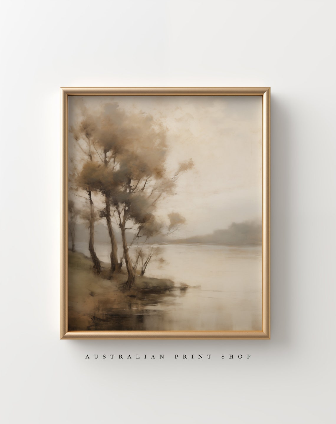 Vintage River Landscape Oil Painting Neutral Toned Wall Art Muted Art - Image 3