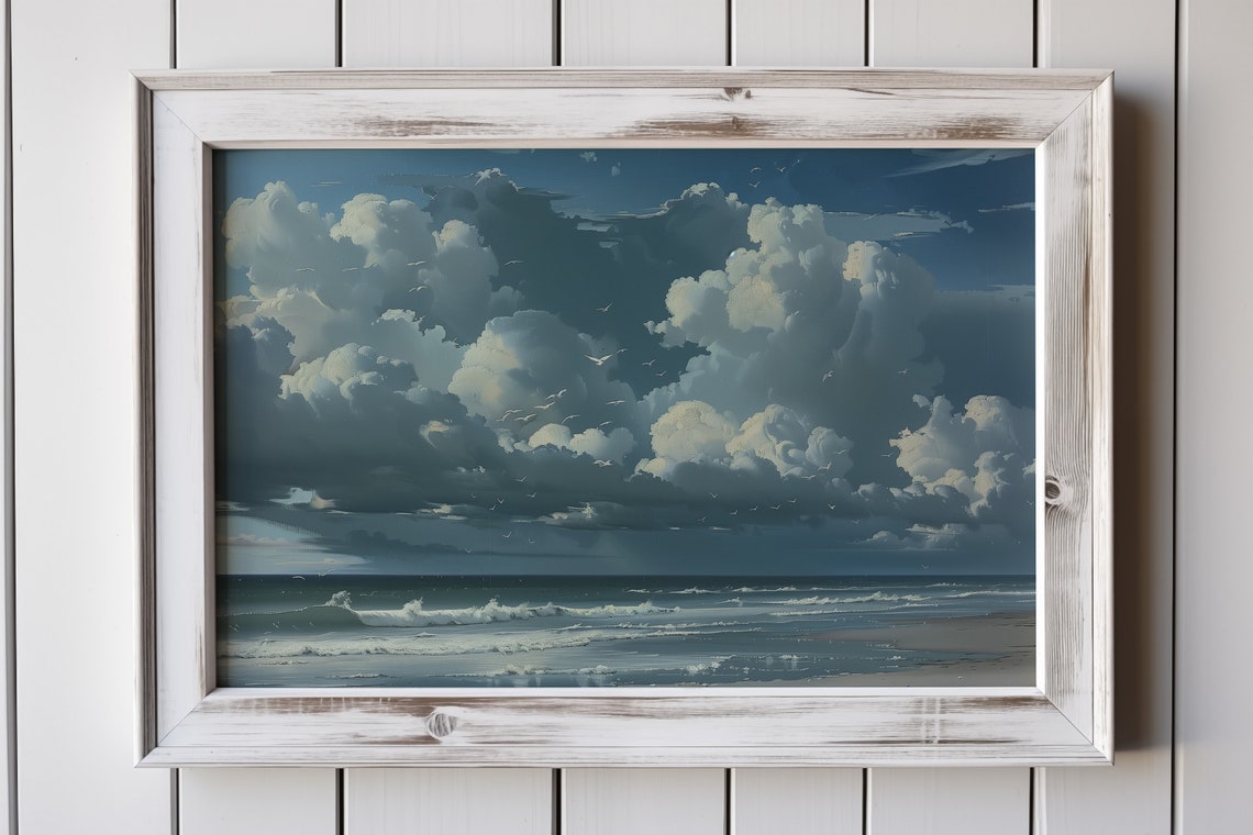 Cloudy Shoreline Tranquil Coastal Oil Painting Neutral Seascape Print Deep Blue Ocean Art Nautical Print - Image 5