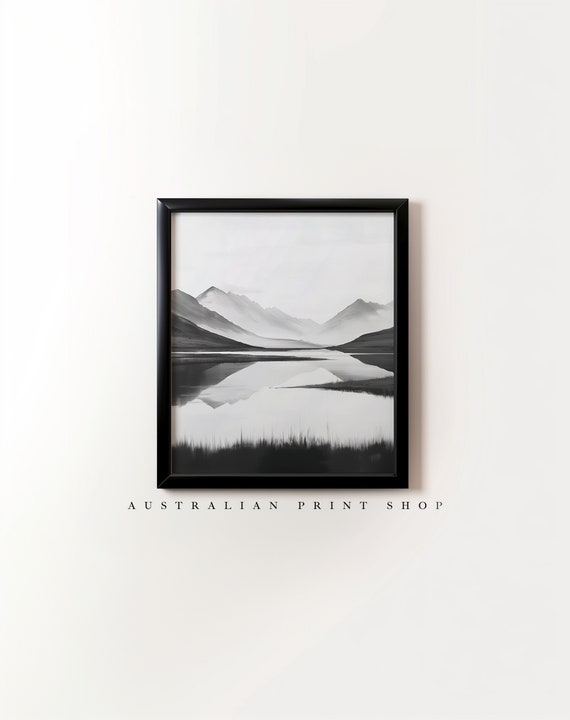 Winter Mountain Lake Black And White Landscape Painting Cloudy Mountain Living Room Bathroom Decor Gift
