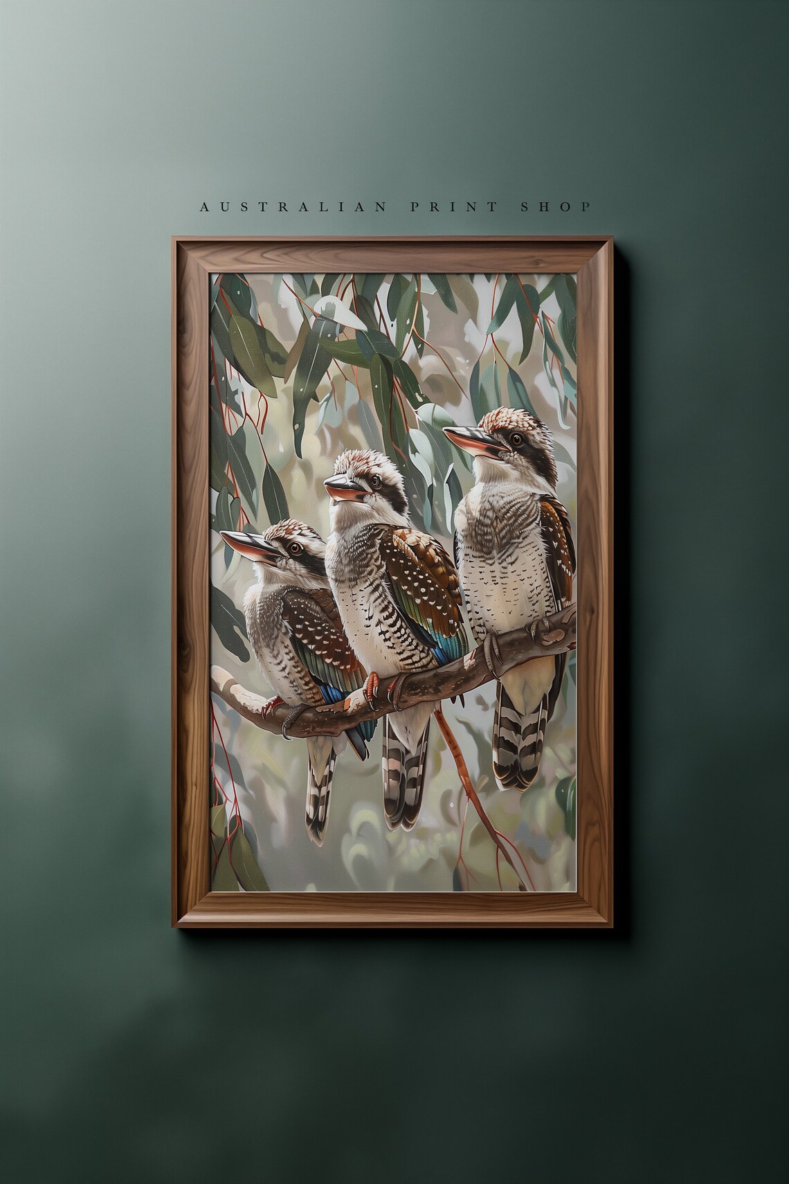 Kookaburra Trio, Sage Green Australian Art Print - Image 5