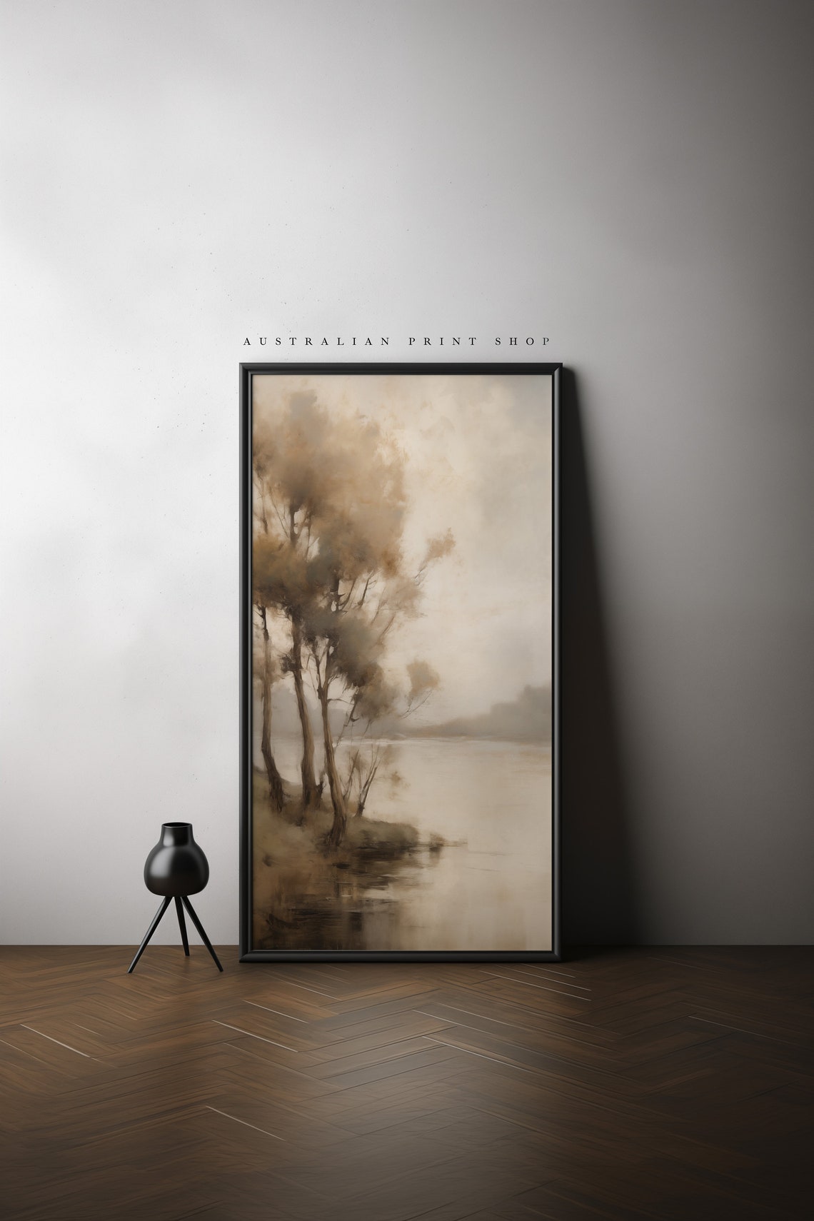 Vintage River Landscape Oil Painting Neutral Toned Wall Art Muted Art - Image 4