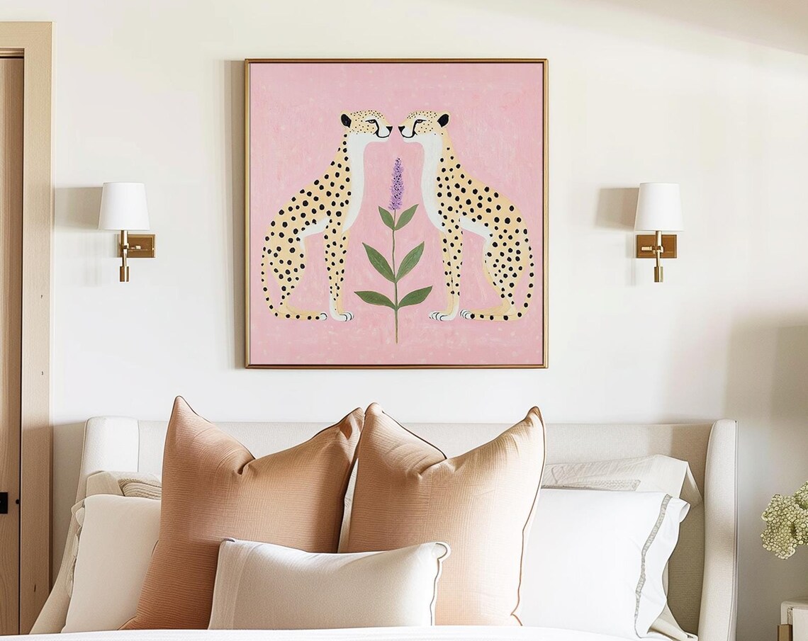 Pink Cheetah Couple Nose to Nose With Lavender on Blush Backdrop Poster