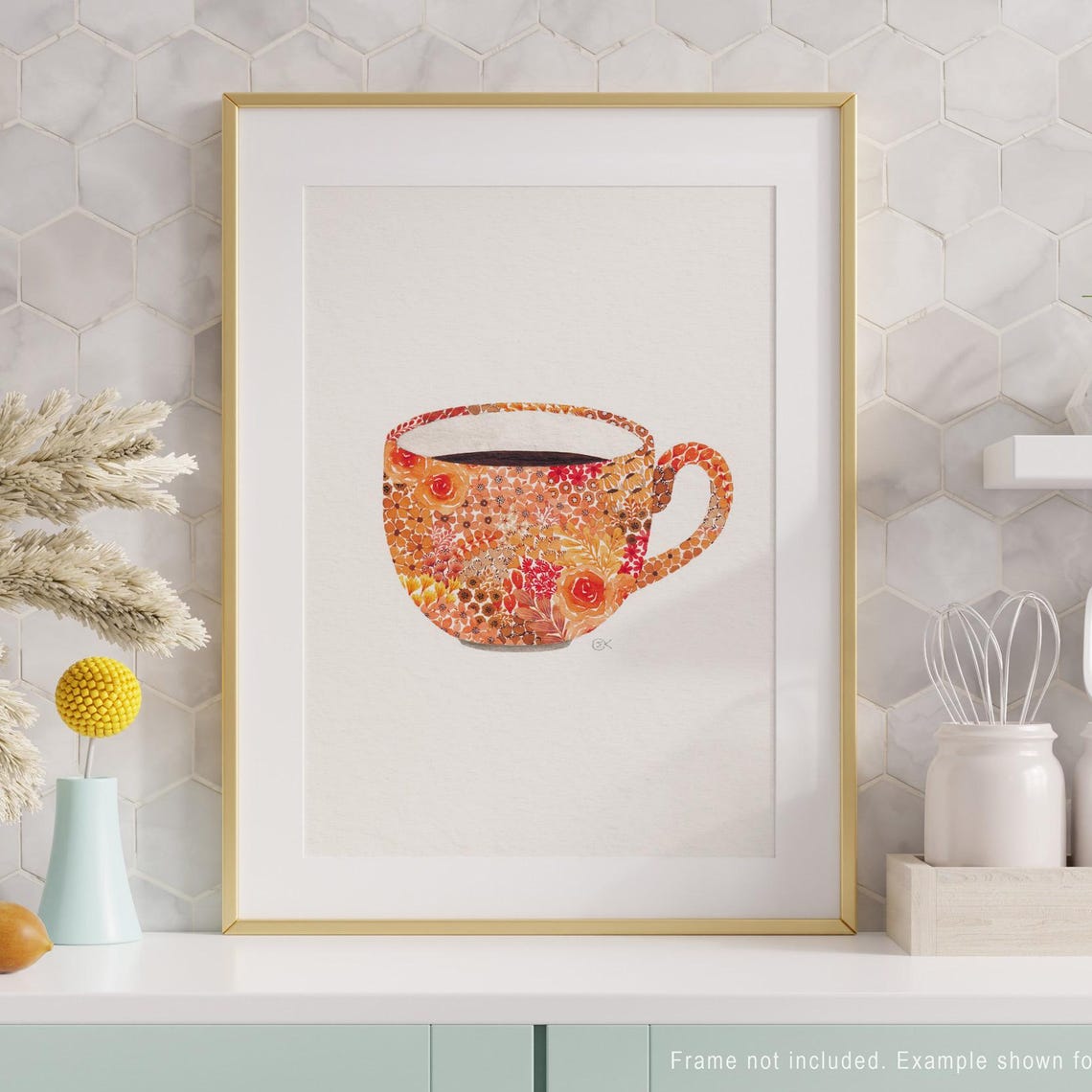 Charming Orange Floral Teacup Watercolor Kitchen Decor Poster
