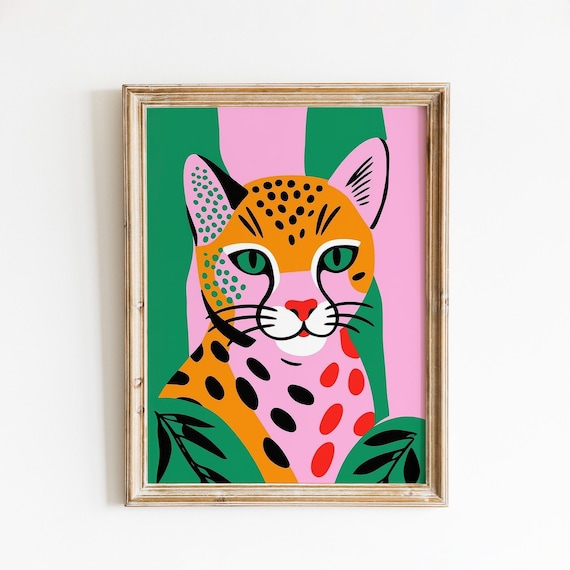 Colorful Pop Art Leopard Pink And Green Jungle Cat Illustration Poster