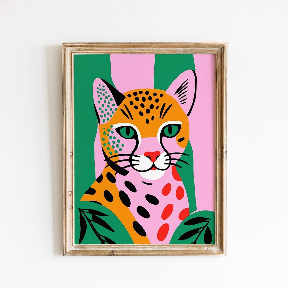 Colorful Pop Art Leopard Pink And Green Jungle Cat Illustration Poster