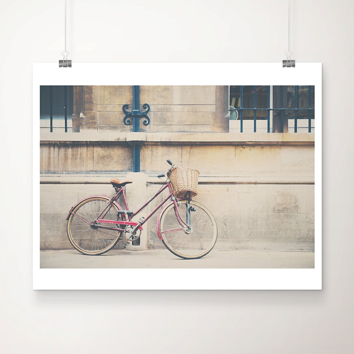 Vintage Red Bicycle Wicker Basket Stone Wall Street Photo Poster