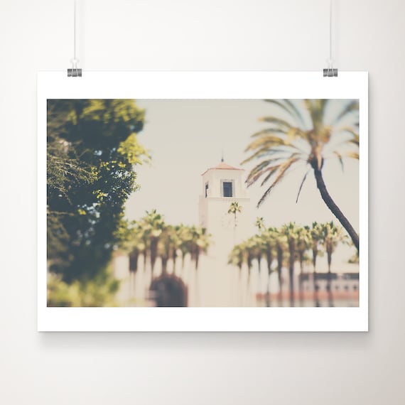 Los Angeles Union Station Tower Palm Trees Golden Hour Print