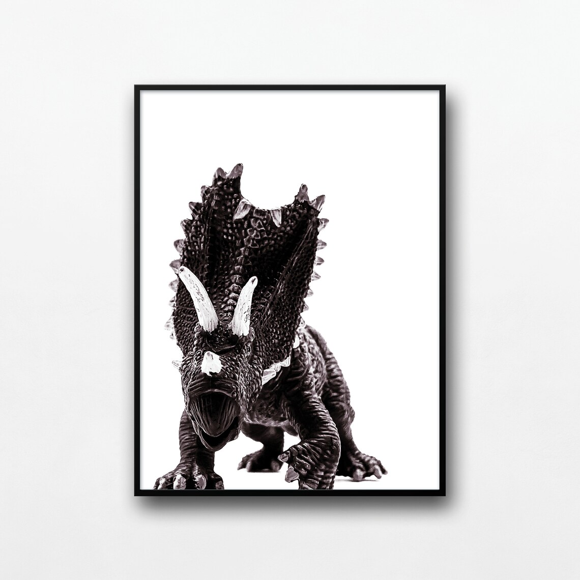 Triceratops Dinosaur Toy Front View Black White Kids Nursery Poster
