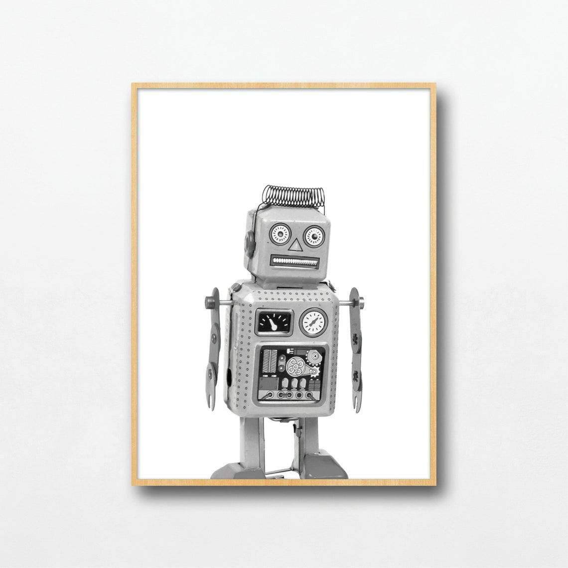Small Silver Spring Head Robot Toy Black White Kids Room Poster - Image 2
