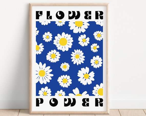 Flower Power Blue Retro Daisy Pattern Bold Floral Statement Art Poster