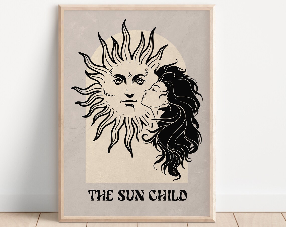 The Sun Child Vintage Sun Face Celestial Engraving Line Art Poster