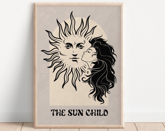 The Sun Child Vintage Sun Face Celestial Engraving Line Art Poster